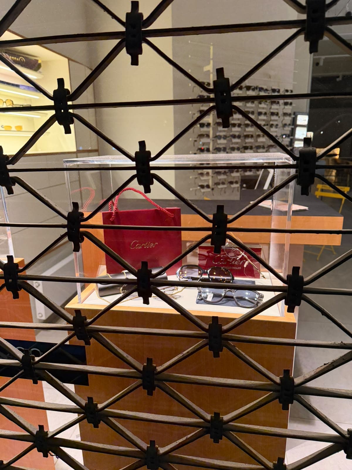 Red handbag behind a black folding gate